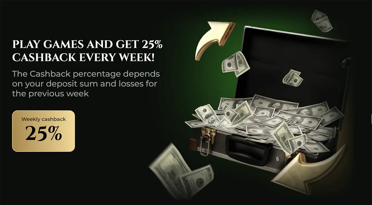 Casino promotion banner advertising 25% weekly cashback, showing a briefcase full of US dollar bills with flying money and arrows, and text explaining the cashback depends on weekly deposits and losses.