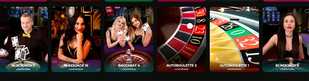 Online live casino lobby showing table game thumbnails including Blackjack tables, Baccarat, and Auto Roulette with dealers and roulette wheels in a dark casino interface.