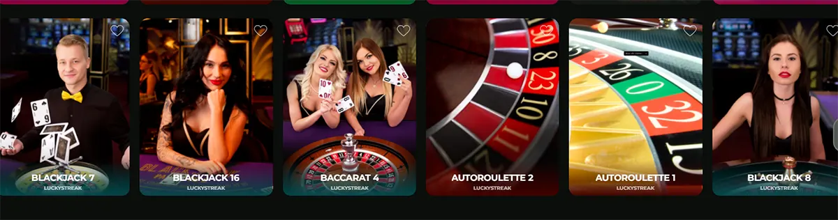 Online live casino lobby showing table game thumbnails including Blackjack tables, Baccarat, and Auto Roulette with dealers and roulette wheels in a dark casino interface.