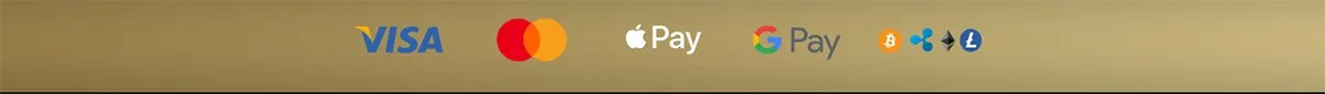 Casino payment methods banner featuring Visa, Mastercard, Apple Pay, Google Pay, Bitcoin, Ethereum, Ripple and Litecoin icons on a gold background.