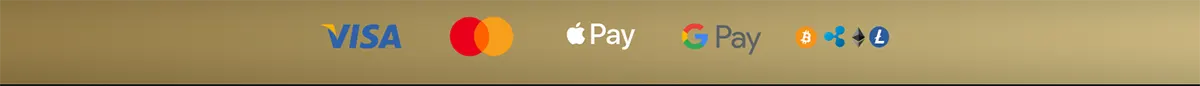 Casino payment methods banner featuring Visa, Mastercard, Apple Pay, Google Pay, Bitcoin, Ethereum, Ripple and Litecoin icons on a gold background.