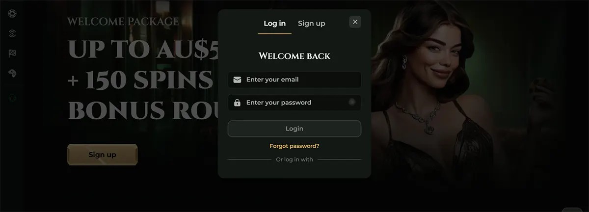 Goldzino online casino login popup with email and password fields, “Welcome Back” message, login button, and password recovery option displayed over a dark casino homepage banner.