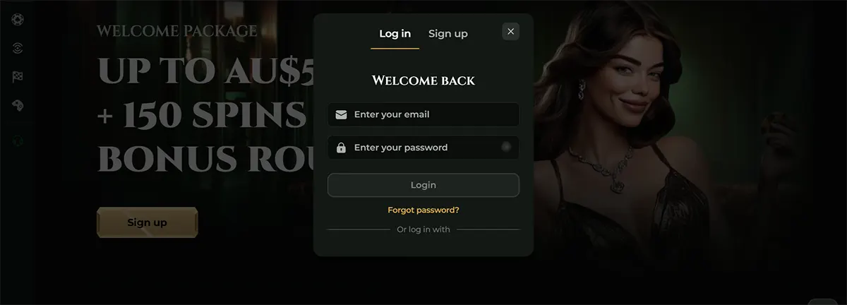 Goldzino online casino login popup with email and password fields, “Welcome Back” message, login button, and password recovery option displayed over a dark casino homepage banner.